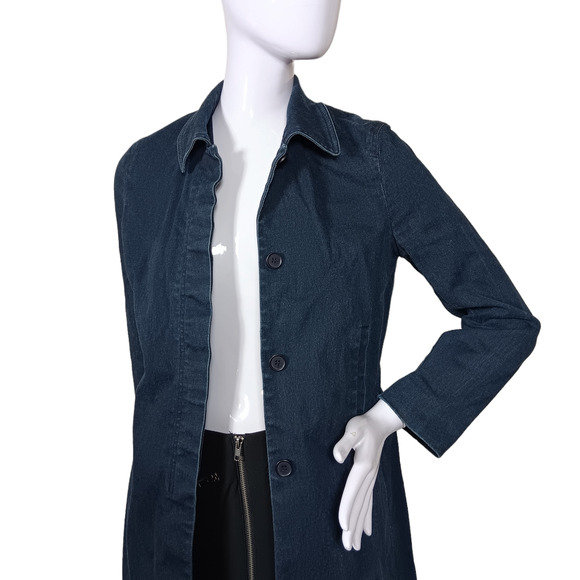 Chambray Long Jacket Unlined Size Small Dark Blue Wash Collared Buttons Closure - Picture 9 of 9